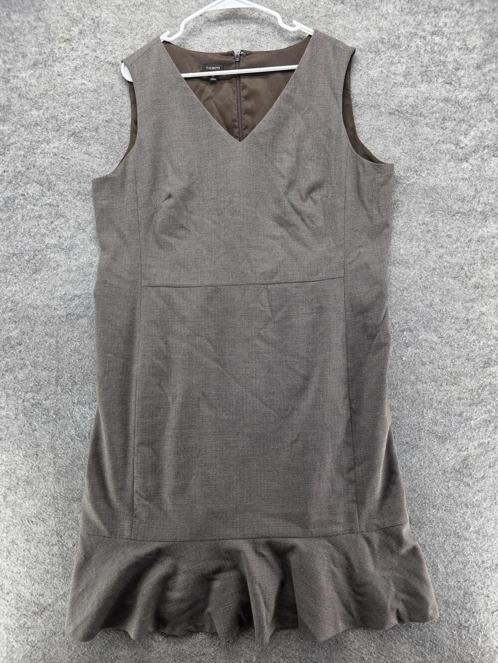 Talbots Dress Womens 20 Brown Sheath Sleeveless V-Neck Ruffle Hem Lined Work